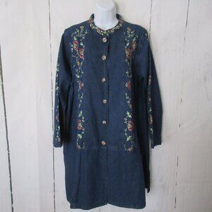 April Cornell Dress L Denim Floral Embroidered Prairie Cottagecore Long Sleeve